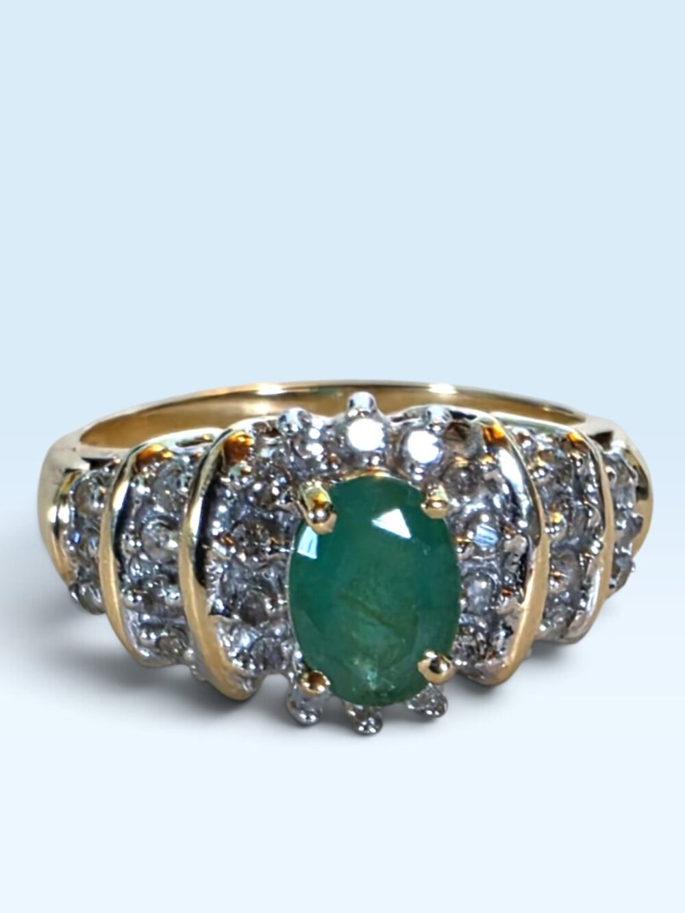 Stunning Vintage 10K Solid Gold Natural Emerald & Diamond Statement Ring